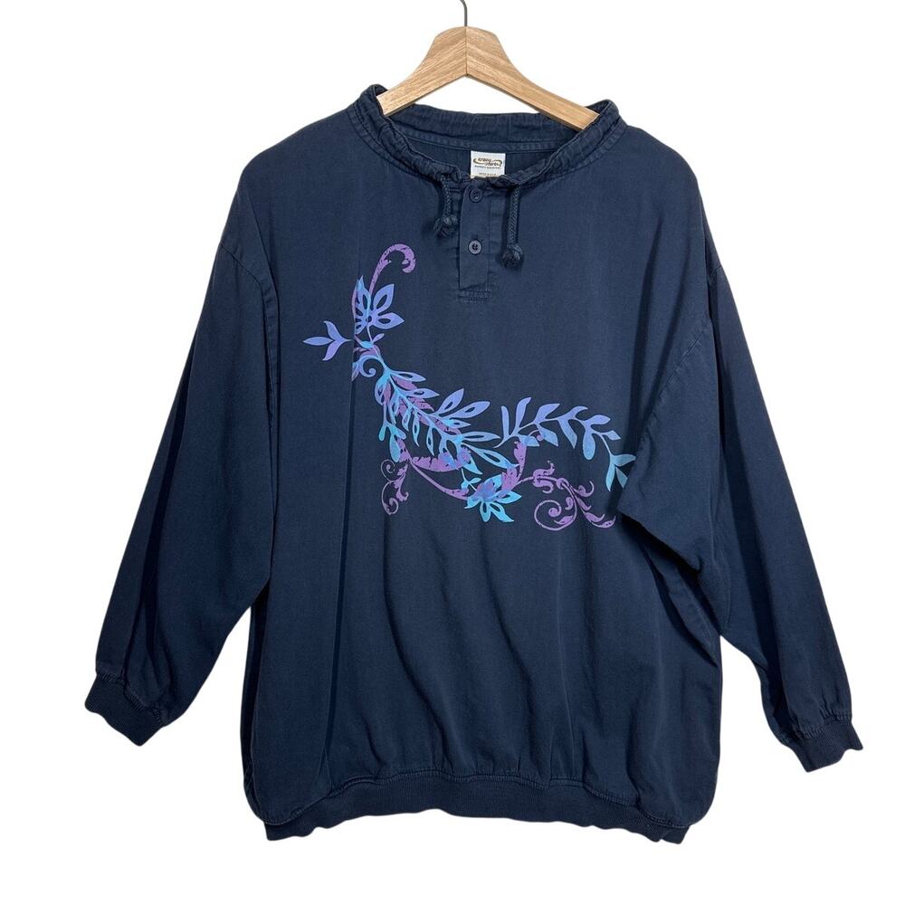Vintage Crazy Shirts Hawaii Sweatshirt Blue Floral Graphic Drawstring Neck XL